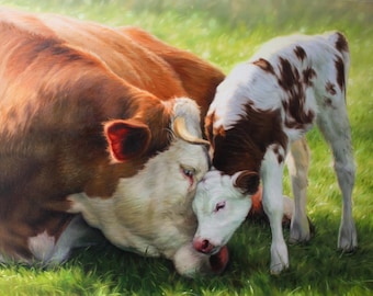 Original oil painting, Cow and Calf, Cows Painting on Canvas, Cows mother and child, Art for farmhouse, Cows artwork, Cows oil art on canvas