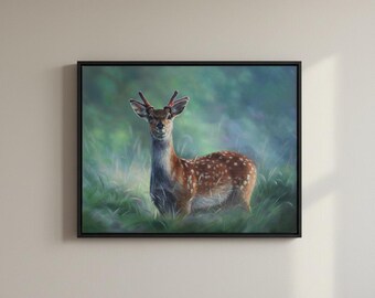 森の鹿の絵画、オリジナルアート、すぐに掛けられる、鹿の肖像画