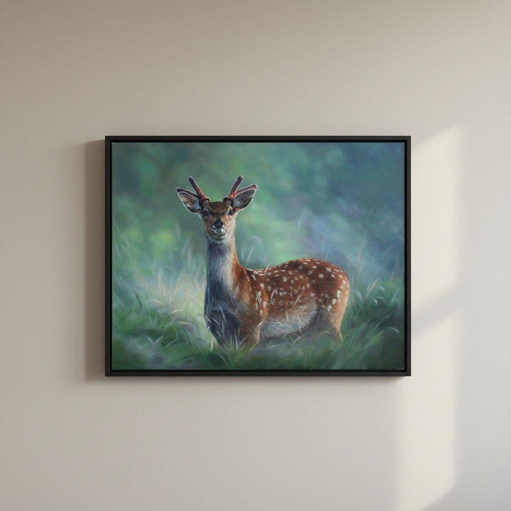 森の鹿の絵画、オリジナルアート、すぐに掛けられる、鹿の肖像画