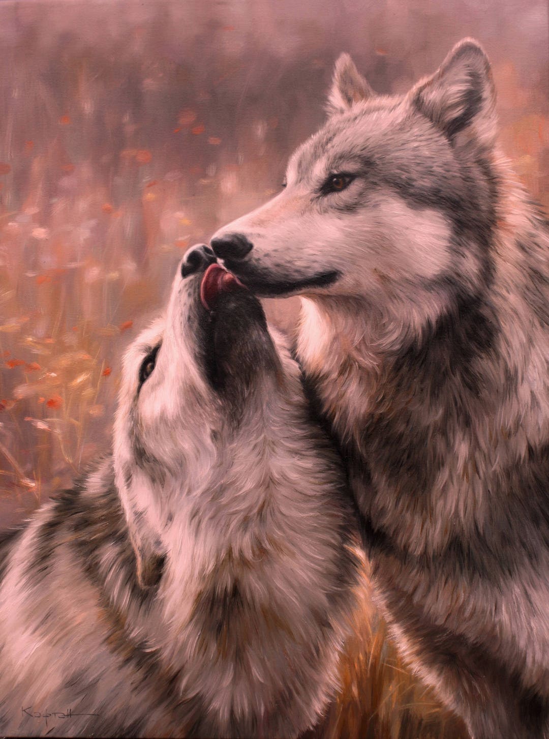 オオカミのキスを描いた絵画、野生のオオカミの油絵、ホーム