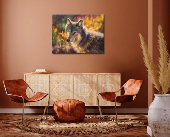 若いオオカミを描いた油絵、動物アートのオリジナル作品、ミコラ