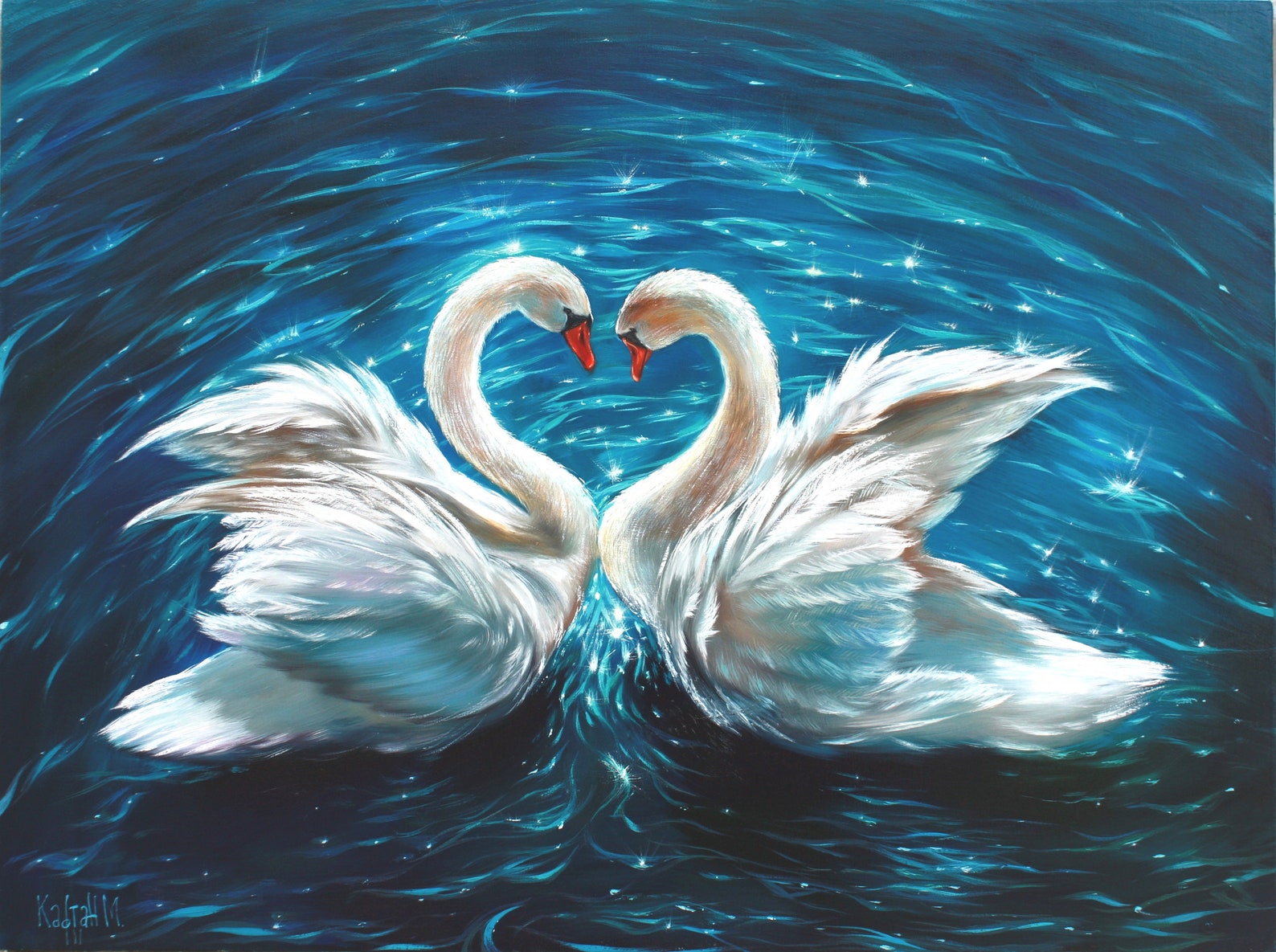 Pair of Swans Painting Art With Birds White Swins Gift for Etsy