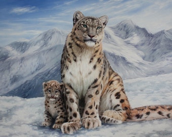 Snow leopard, Animalistic oil painting, 100% hand-painted oil painting, Original oil Painting, A mother and child, Painting by Mykola Kaftan