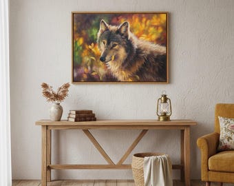 若いオオカミを描いた油絵、動物アートのオリジナル作品、ミコラ