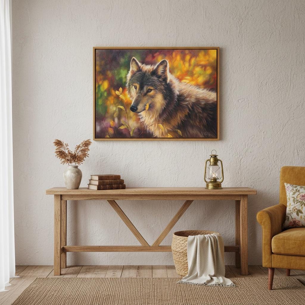 若いオオカミを描いた油絵、動物アートのオリジナル作品、ミコラ