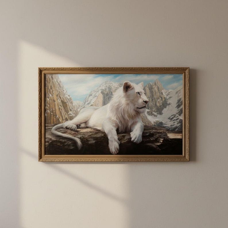 May include: A framed painting of a white lion resting on a log, set against a backdrop of snow-capped mountains and a blue sky. The lion has a full mane and is gazing to the right. The frame is gold with ornate detailing.