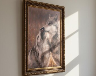 オオカミのキスを描いた絵画、野生のオオカミの油絵、ホーム