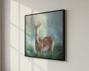 森の鹿の絵画、オリジナルアート、すぐに掛けられる、鹿の肖像画