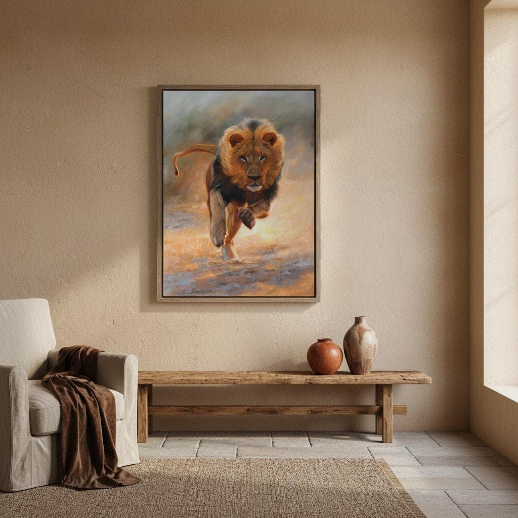 走るライオンの絵画、オリジナルの動物画、砂漠のライオン、狩りをする