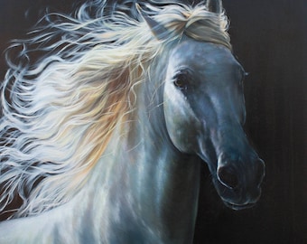 Peinture de cheval blanc, Œuvre d’art animalière originale, Réalisme peint  à la main, Grand art mural, Beau et fort cheval, Peinture à l’huile de