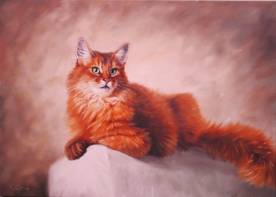 油絵 猫の絵 赤い背景 三毛猫 赤毛の猫の絵画、キャンバスに描かれたペットの肖像画、お子様への