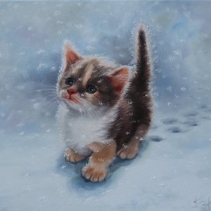 First snow original painting, Little kitty art on canvas, Gift for kids, Picture for a nursery, Large wall art with cat, Hand kitten painted