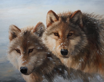 白い捕獲 オリジナル油絵、オオカミと冬の風景、動物画、すぐに飾れる