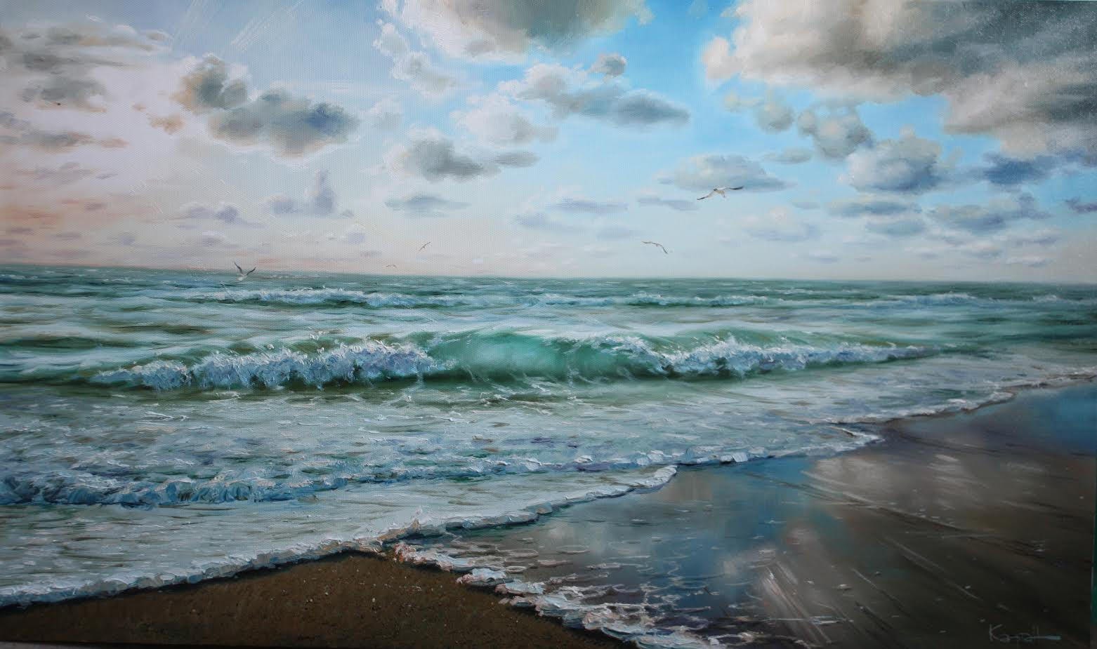 Sea Landscape, Azure Sea, Seagulls Art, Sea Beach Painting