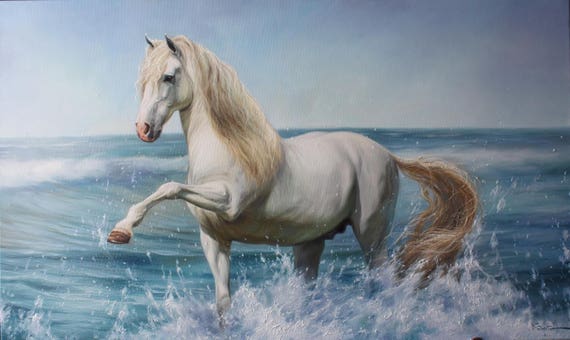 ホームデコレーションアート、海辺の馬、白馬の絵画、キャンバス絵画