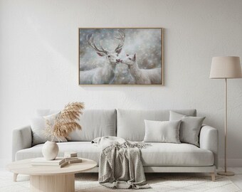 白い鹿の油絵、鹿の家の装飾、白い鹿のアートワーク、鹿のペア、冬の