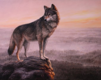 Origineel schilderij wilde wolf, origineel kunstwerk, geweldige stijl van dierlijk realisme, woondecoratie wolf, unieke picturale kunstwerken, door Mykola Kaftan