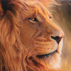 May include: A detailed painting of a lion's profile, showcasing its majestic features. The lion's fur is a blend of golden and reddish-brown hues, with a flowing mane. The artwork captures the lion's intense gaze and textured fur, set against a blurred background.