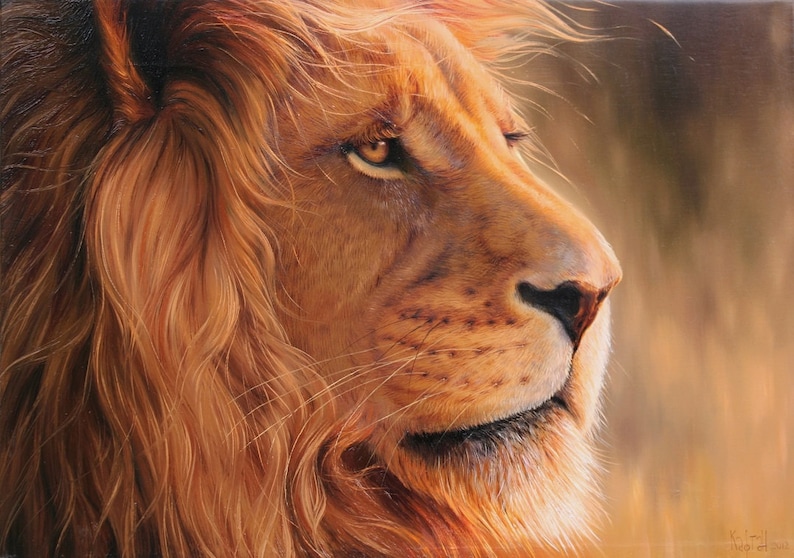 May include: A detailed painting of a lion's profile, showcasing its majestic features. The lion's fur is a blend of golden and reddish-brown hues, with a flowing mane. The artwork captures the lion's intense gaze and textured fur, set against a blurred background.