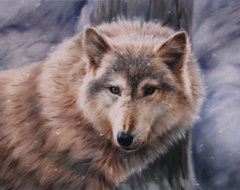 WILD WINTER WOLF schilderij, realisme dierenportret, origineel olieverfschilderij op canvas, kunst voor interieur, uniek handgemaakt, groot kunstwerk