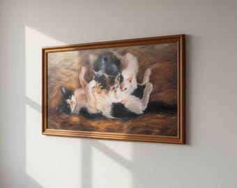 ママ、子猫と猫の絵、子猫と猫のアート、動物の絵、猫の絵、子猫の油絵