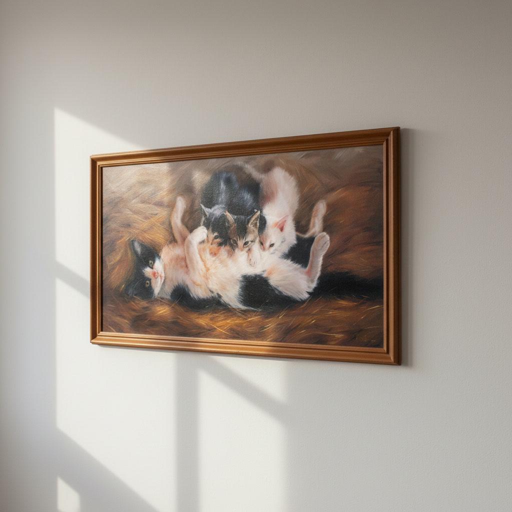 ママ、子猫と猫の絵、子猫と猫のアート、動物の絵、猫の絵、子猫の油絵