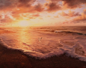 Seagulls and sea, Seascape, Original nature painting, Oil painting on canvas, Sea painting, Ready to hang, Sea sunset, Sea shore