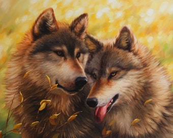 Home decor with wild wolves, Pair of wolves original painting, Realism animals art on canvas, Wild nature artwork, Wolves large wall art