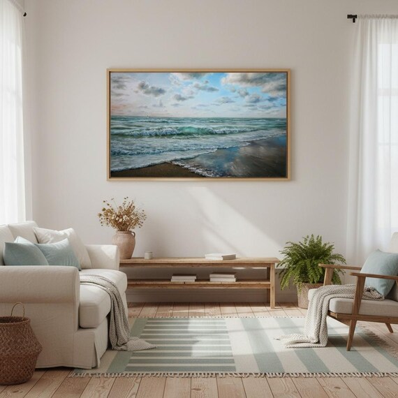 Sea Landscape, Azure Sea, Seagulls Art, Sea Beach Painting