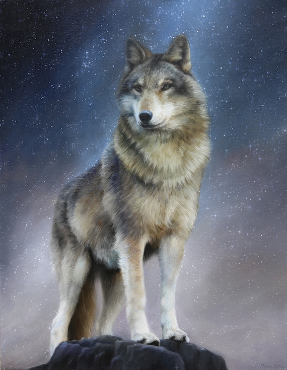 夜の騎士、野生の狼の絵、キャンバス上の狼、自然の絵、素敵な贈り物