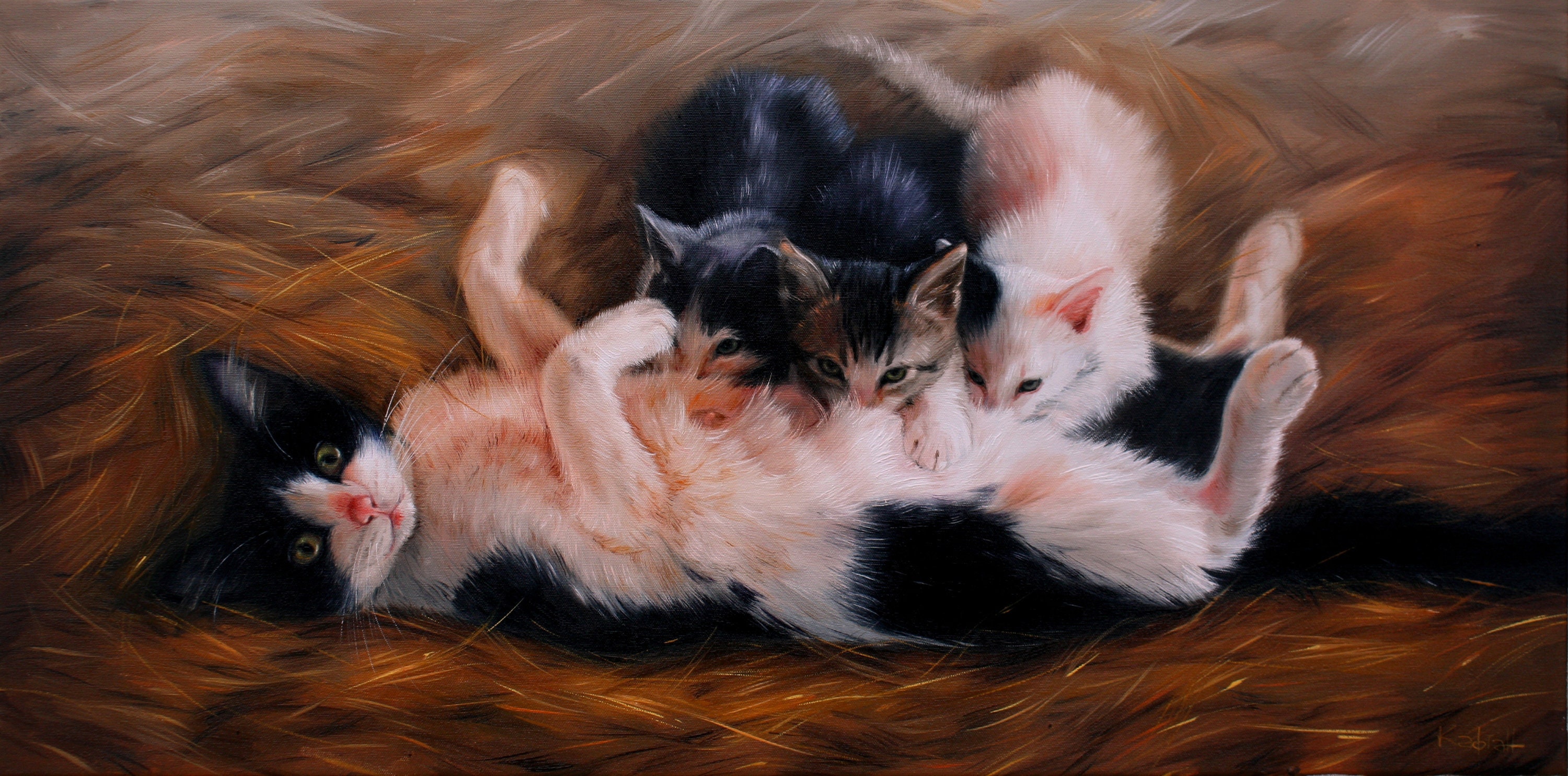 絵画 油絵　母と仔　猫 ママ、子猫と猫の絵、子猫と猫のアート、動物の絵、猫の絵、子猫の油絵