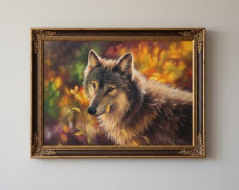 若いオオカミを描いた油絵、動物アートのオリジナル作品、ミコラ