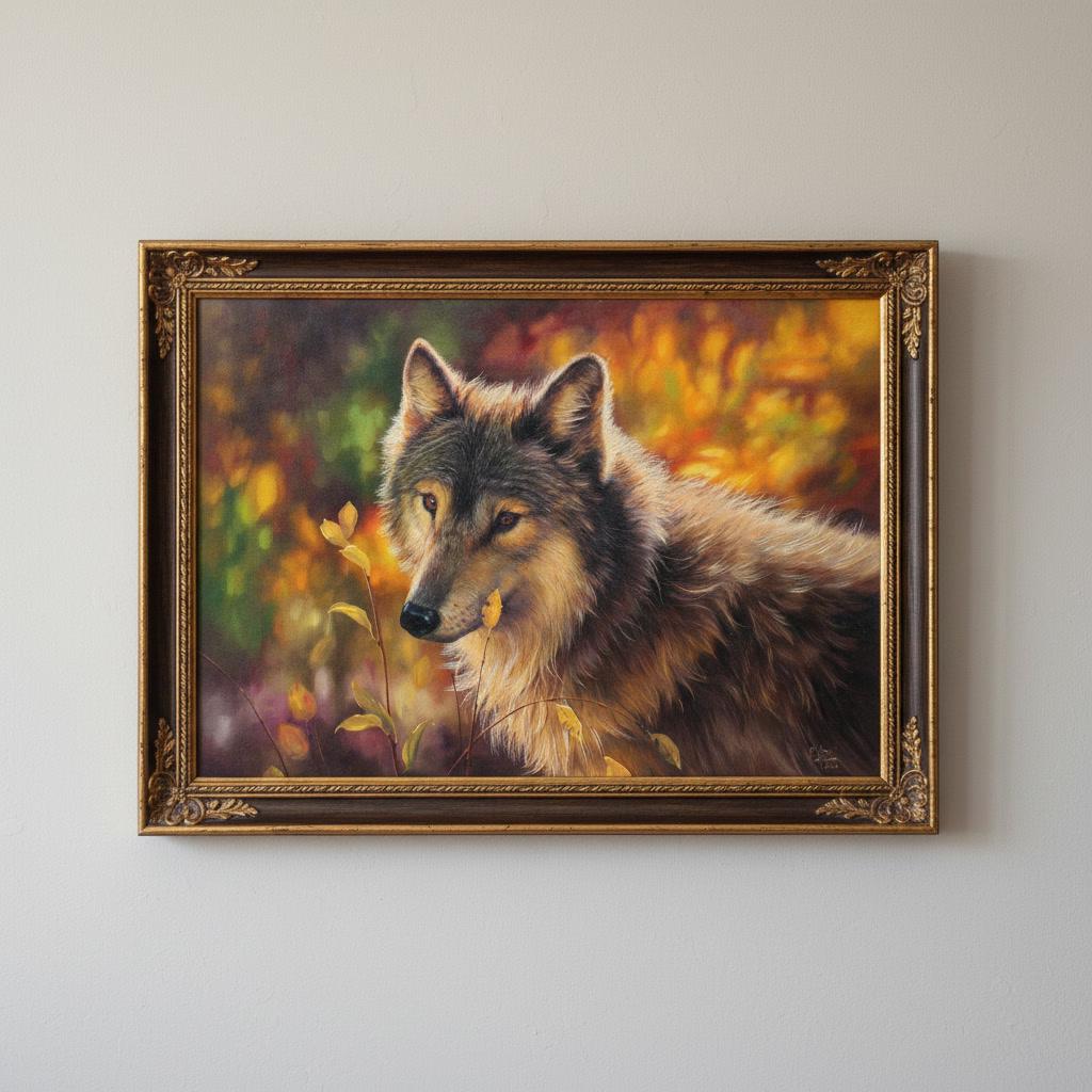 若いオオカミを描いた油絵、動物アートのオリジナル作品、ミコラ