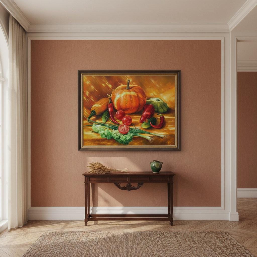 野菜のある静物画、カボチャの油絵、秋の静物画、農家の装飾アート