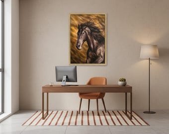 野生の馬が駆け抜ける、オリジナル油絵、写実主義スタイル、動物画