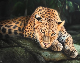 Jaguar oil painting, Jaguar in the jungle, Animals oil painting, Big cat hand painted, Large wall art, Wild nature artwork, Jungle painting