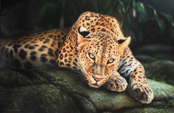 ジャガーの油絵、ジャングルのジャガー、動物の油絵、手描きの大型ネコ