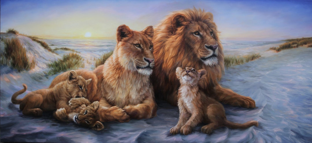 Lion family painting, Lion pride, Happy family, Original wall art