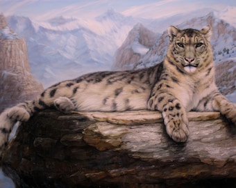 Oil painting SNOW LEOPARD Art on canvas, Original wild animals artwork, Unique hand painted, Gorgeous view, By Mykola Kaftan, Wild animals
