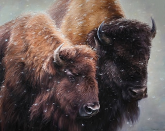 TWO, Pair of bison, Buffalo oil painting, Buffalo art, Bison oil painting, Realism bison, Original animals painting, Ox oil art