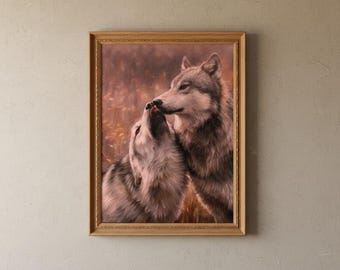オオカミのキスを描いた絵画、野生のオオカミの油絵、ホーム