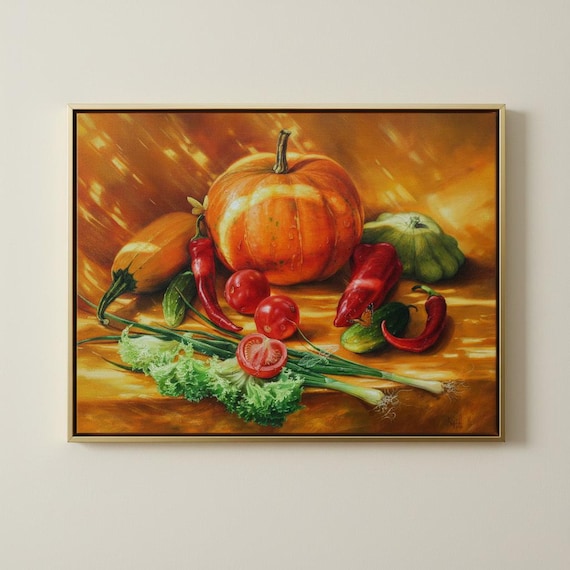 野菜のある静物画、カボチャの油絵、秋の静物画、農家の装飾アート