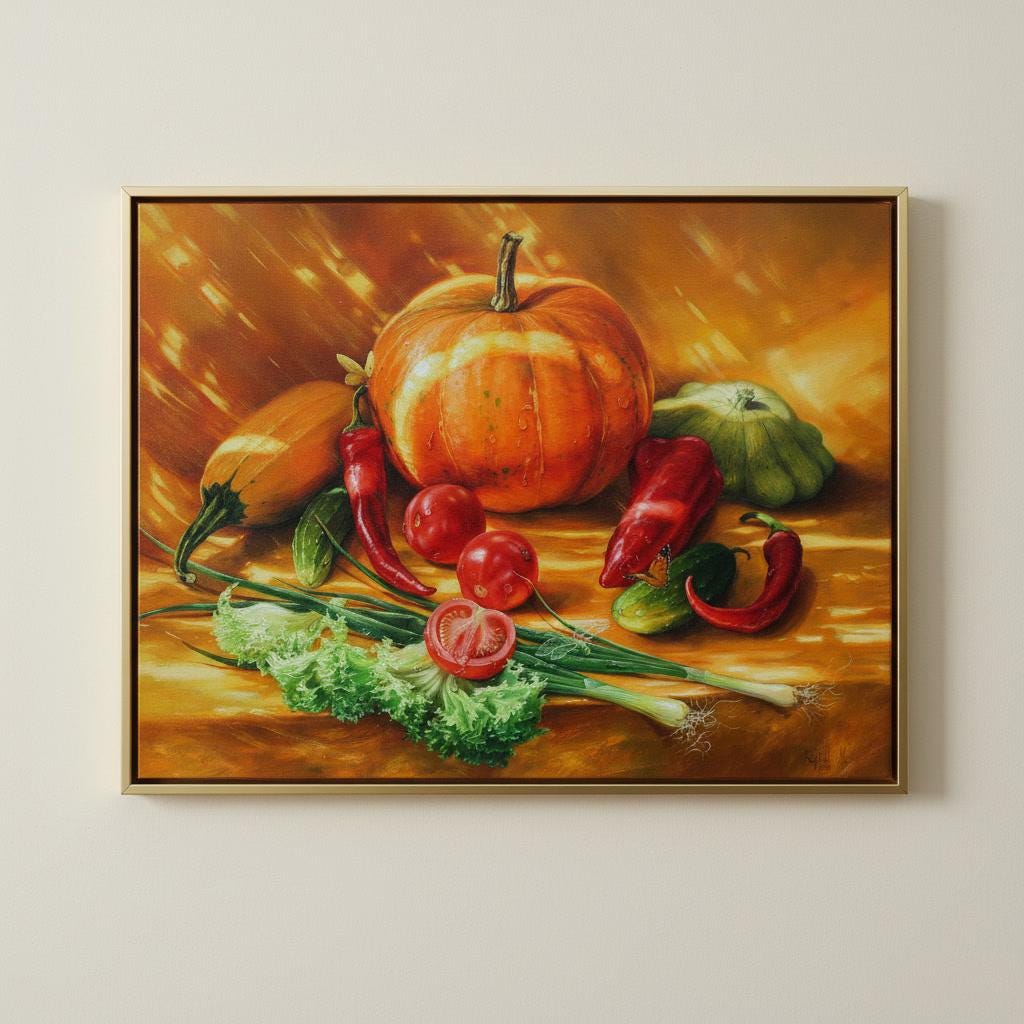 野菜のある静物画、カボチャの油絵、秋の静物画、農家の装飾アート