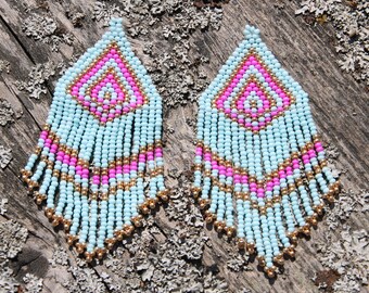 Native American Beaded Earrings handmade blue pink gold seed bead Earrings New Boho