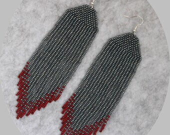 Native American Beaded Earrings handmade dark red and black seed bead Earrings