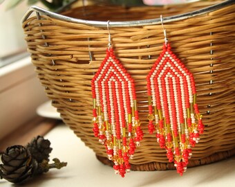 Native American Beaded Earrings handmade red white seed bead Earrings Boho