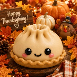 May include: A round, beige, steamed bun-shaped figure with a smooth surface, a pleated top, and a cute face featuring black eyes, a small smile, and pink cheeks. The figure sits on a wavy, pie-crust-like base, surrounded by autumn-themed decor.