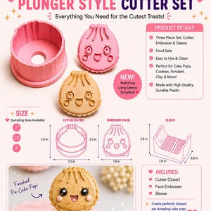 Puede incluir: Un juego de cortadores tipo émbolo para cake pops con forma de dumpling, que incluye un cortador, un marcador de cara y una funda. La imagen muestra diagramas con medidas en pulgadas, etiquetas de texto y un ejemplo de cake pop terminado.