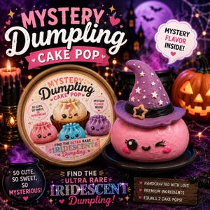 May include: A pink dumpling-shaped cake pop wearing a purple witch hat with white stars, displayed on a black plate. Beside it is a round product container featuring illustrations of various dumplings and the text Mystery Dumpling Cake Pop.