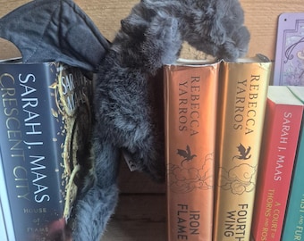 Soft DRAGON Plushie | Fantasy Plush Toy | Stuffed Dragon with Grey Wings | Book Nook Companion, gothic Wyvern bookend, super soft!